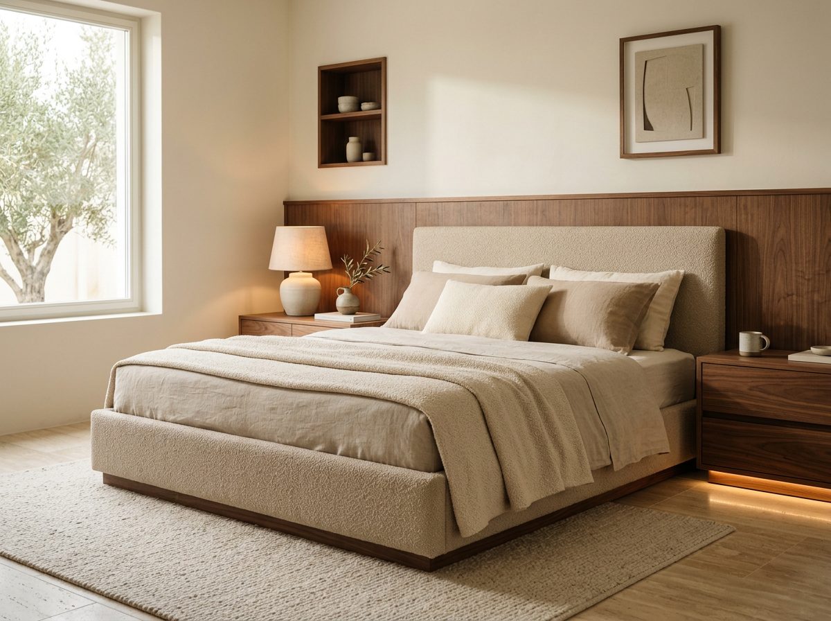 Composição de quarto: cama estofada, cabeceira e mesas de cabeceira