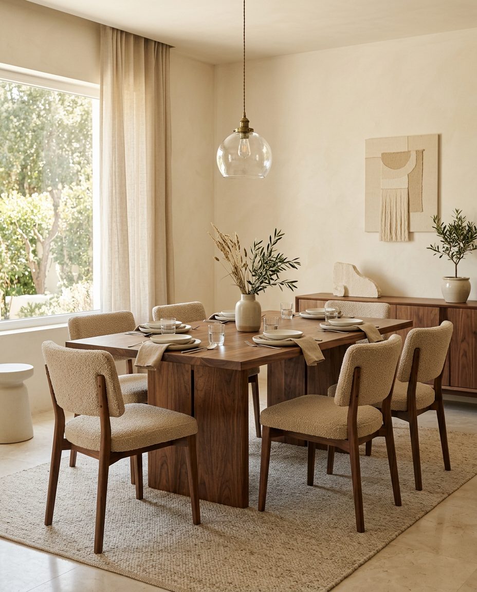 Sala de jantar com mesa em nogueira e cadeiras estofadas
