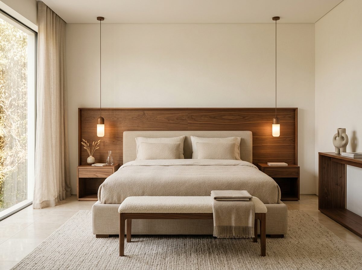 Quarto com cama estofada e painel de cabeceira em nogueira
