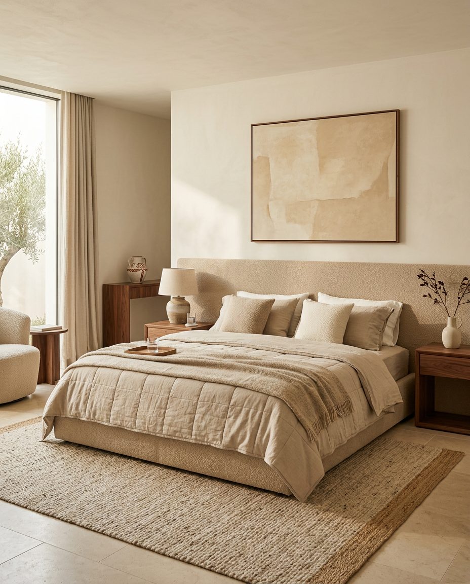 Quarto com cama estofada e cabeceira ampla