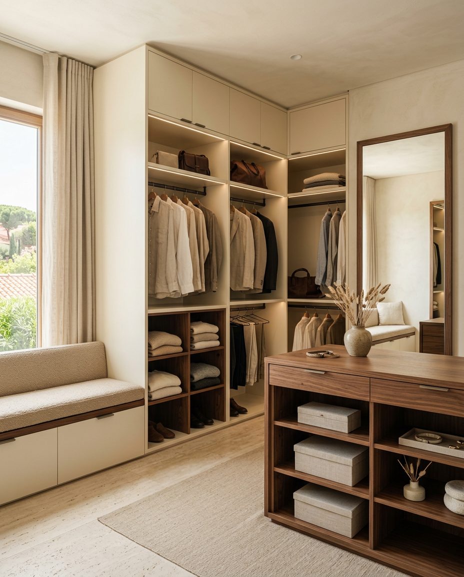 Closet com roupeiros em nogueira e lacado marfim