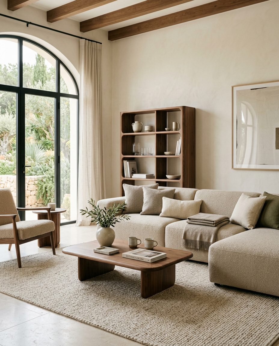 Sofá modular bege com chaise longue